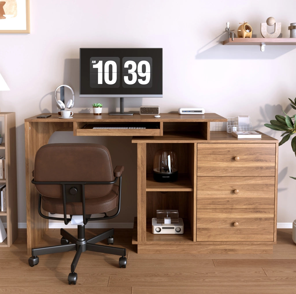 Scrivania multifunzione estensibile con 3 cassetti e 2 vani aperti; 110 cm; MDF color noce