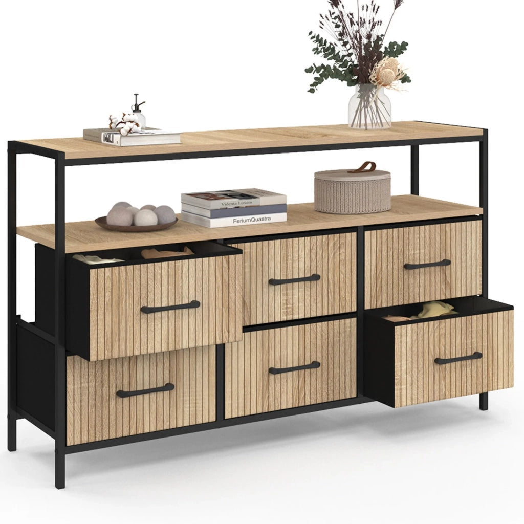 IDMarket - UTAH 115 CM Cassettiera in tessuto a 6 cassetti con effetto doghe in nicchia, mobile contenitore di design industriale