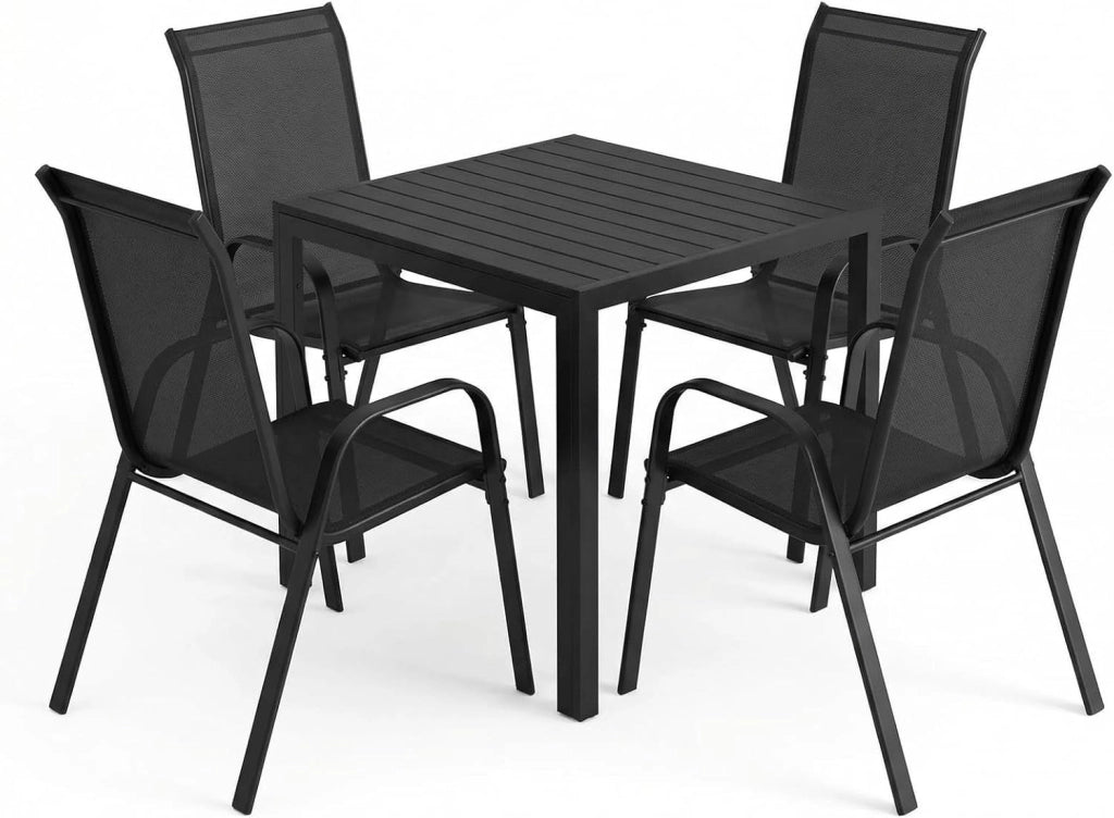 Set di mobili da giardino, 5 pezzi, con 4 poltrone impilabili e 1 tavolo quadrato WPC, mobili da balcone, mobili da terrazza per tutte le stagioni, terrazza, giardino ed esterni