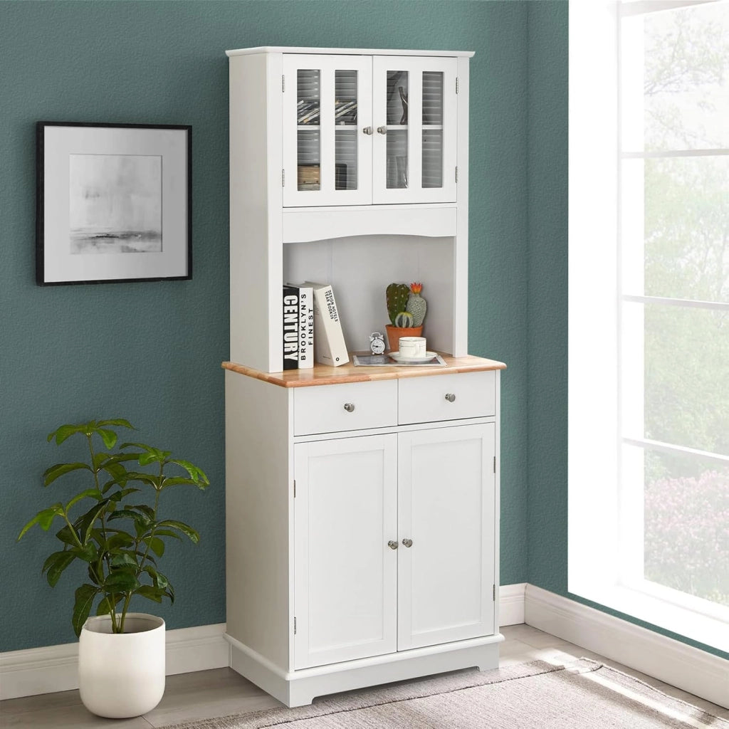 Mobile dispensa da cucina autoportante, Buffet con Piano in Legno, Credenza e 2 Cassetti, Ripiani Regolabili, Armadietto con Ante in Vetro, Spazio Aperto per Forno a Microonde, Bianco