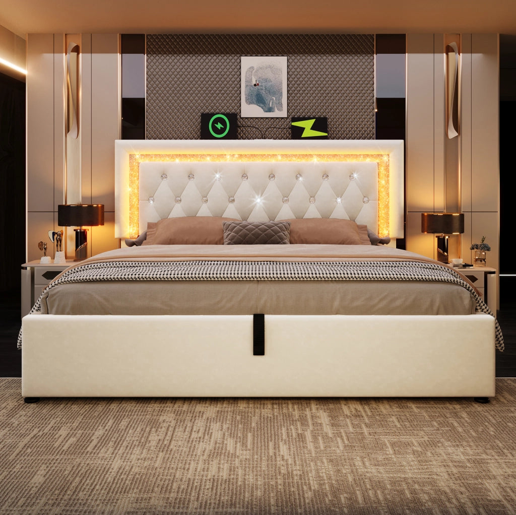Letto matrimoniale 140x200 cm in velluto beige con LED, USB-C e materasso
