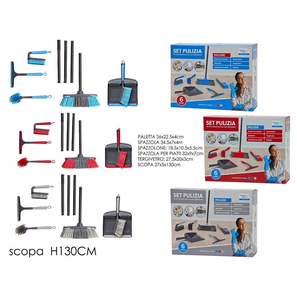Trade Shop - Set Pulizia Casa 6 Pz Con Paletta Spazzola Spazzolone Spazzolina Piatti Tergivetro Scopa -