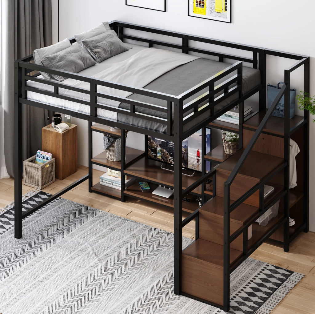 Letto a soppalco 140x200 con supporto TV, presa integrata e scala contenitiva