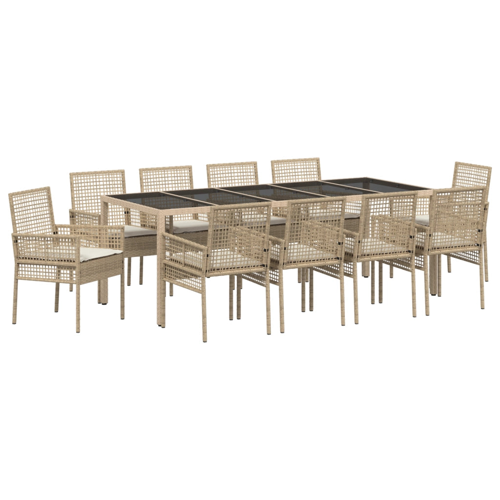 Set da Pranzo per Giardino da 11 Pezzi con Cuscini Beige Polyrattan