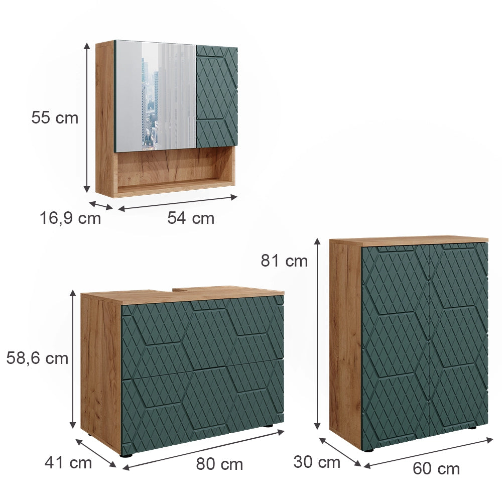Vicco Set mobili bagno Quercia verde/oro 3 parti, con base 80 cm