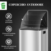 Bidone Immondizia a 2 Sezioni da 30L a Pedale con Coperchio Silenzioso, in Acciaio Inox e PP, 47.7x37.5x66.8 cm