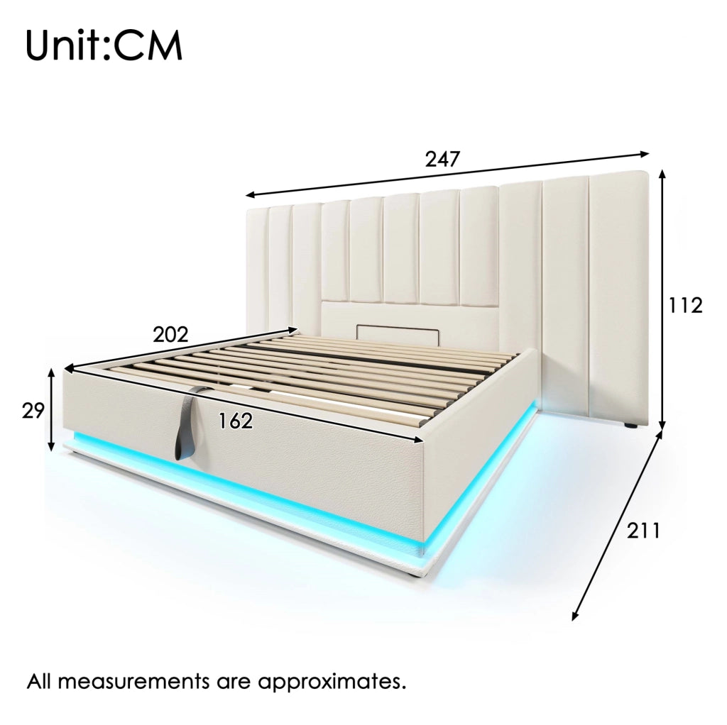 Letto matrimoniale imbottito 160x200 cm con contenitore; LED 360掳; USB e Type-C; bianco