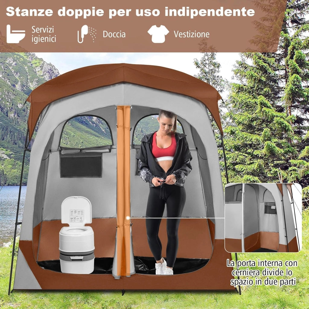 Tenda Spogliatoio da Esterno a 2 Stanze, Tenda da Doccia da Campeggio con Parapioggia Rimovibile, Stendibiancheria e Borsa, Tenda per WC Doccia per Campeggio, Spiaggia e Pesca