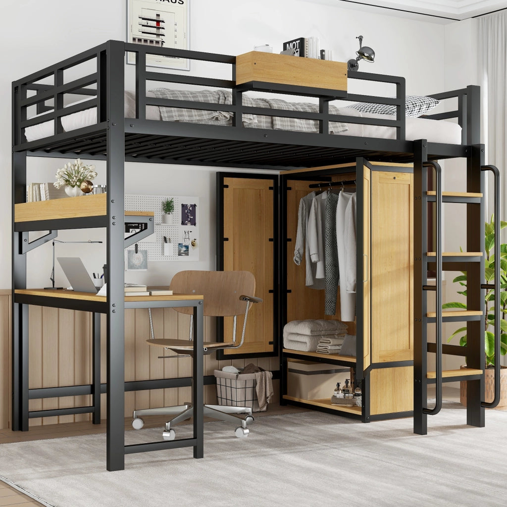 Letto alto ferro armadio doppia porta scala corrimano scrivania nicchie ferro MDF nero naturale 90x200 cm