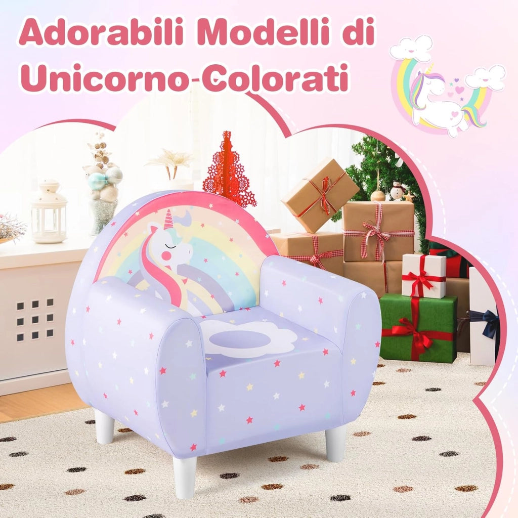 Divano per Bambini a Forma di Unicorno 55 x 40 x 55cm, Poltrona Imbottita con Tessuto Elastico Traspirante e Riempimento in Spugna, Mobile Moderno per Cameretta (Lilla)