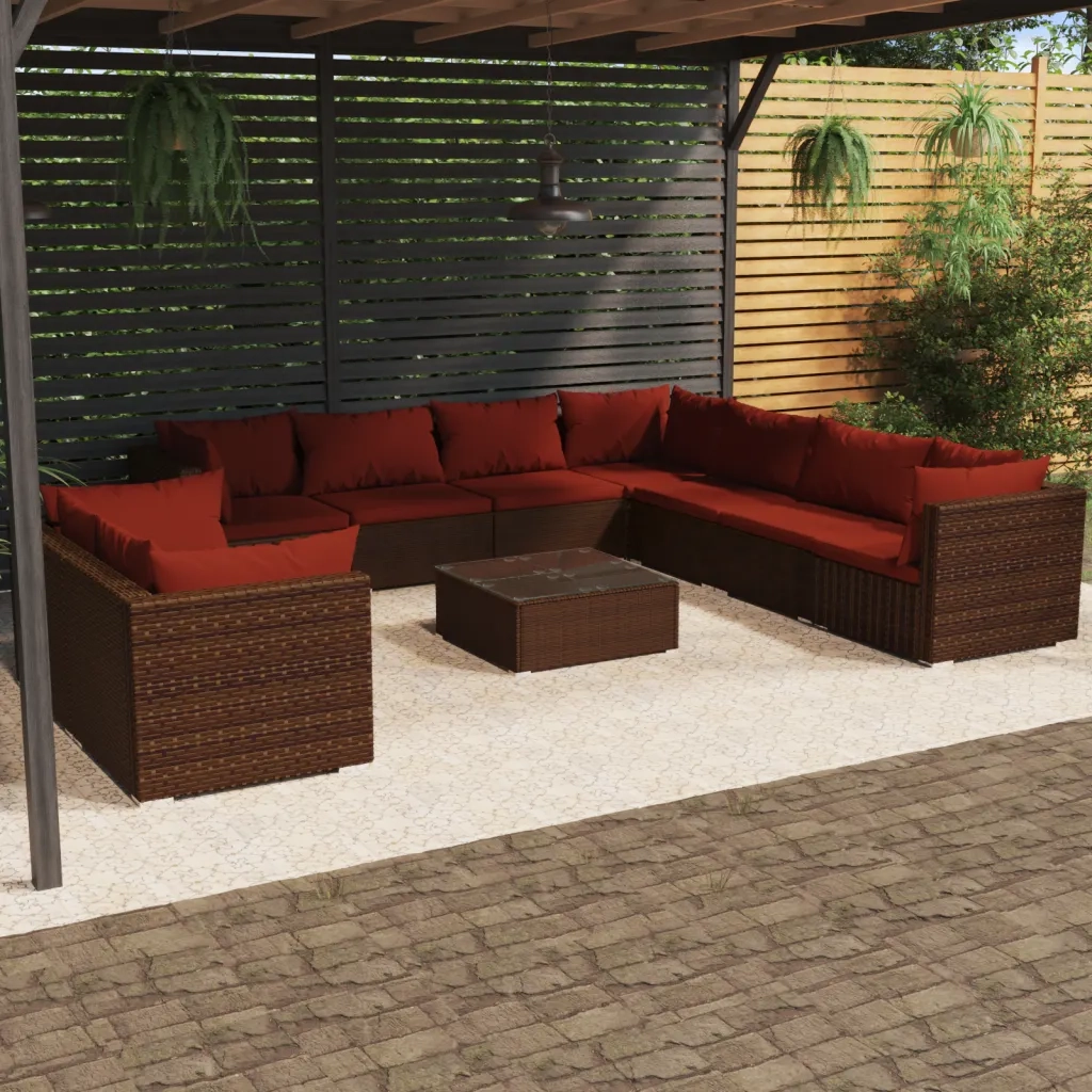 Set Divani da Giardino 10 pz con Cuscini in Polyrattan Marrone 3102507