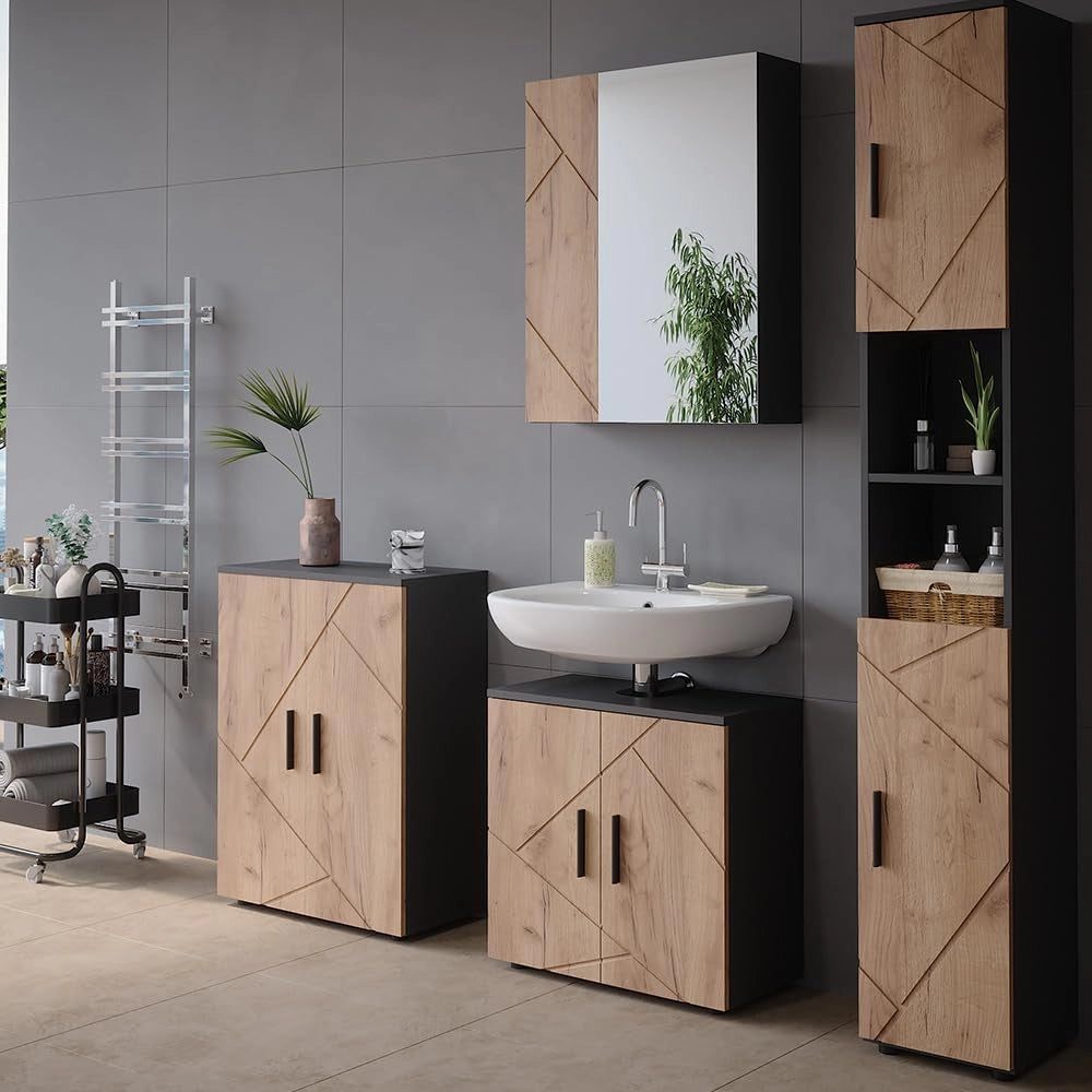 Mobile a specchio per bagno Irma, Antracite/quercia dorata, 60 x 75 cm, per montaggio a parete con superficie a specchio integrata