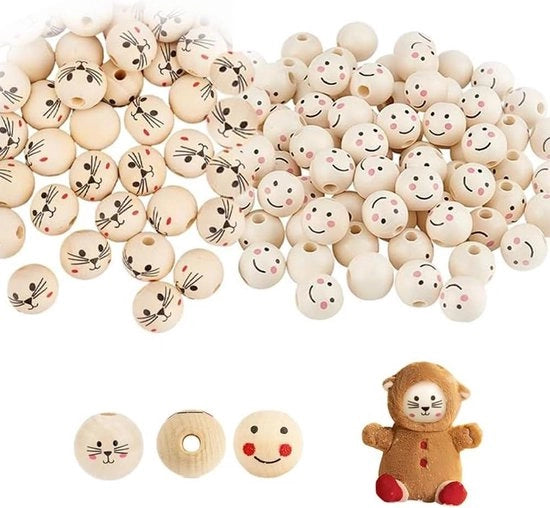 Decorazioni in legno a forma di perle - 60 pezzi - Gatto piccolo - Faccia sorridente - Perle in legno rotonde - Fai da te - Manufatti a mano - Opera d'arte - Gatto - Perle in legno con faccine