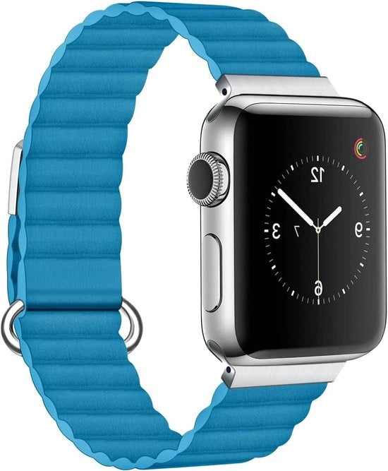 Armband in pelle reale con chiusura a magnete per orologio Apple 38 mm - 49 mm - Cinturino orologio per iWatch serie 1-8 - Donna e uomo - Anello metallico - Nero/Bruno/Bianco - Progettato con stile