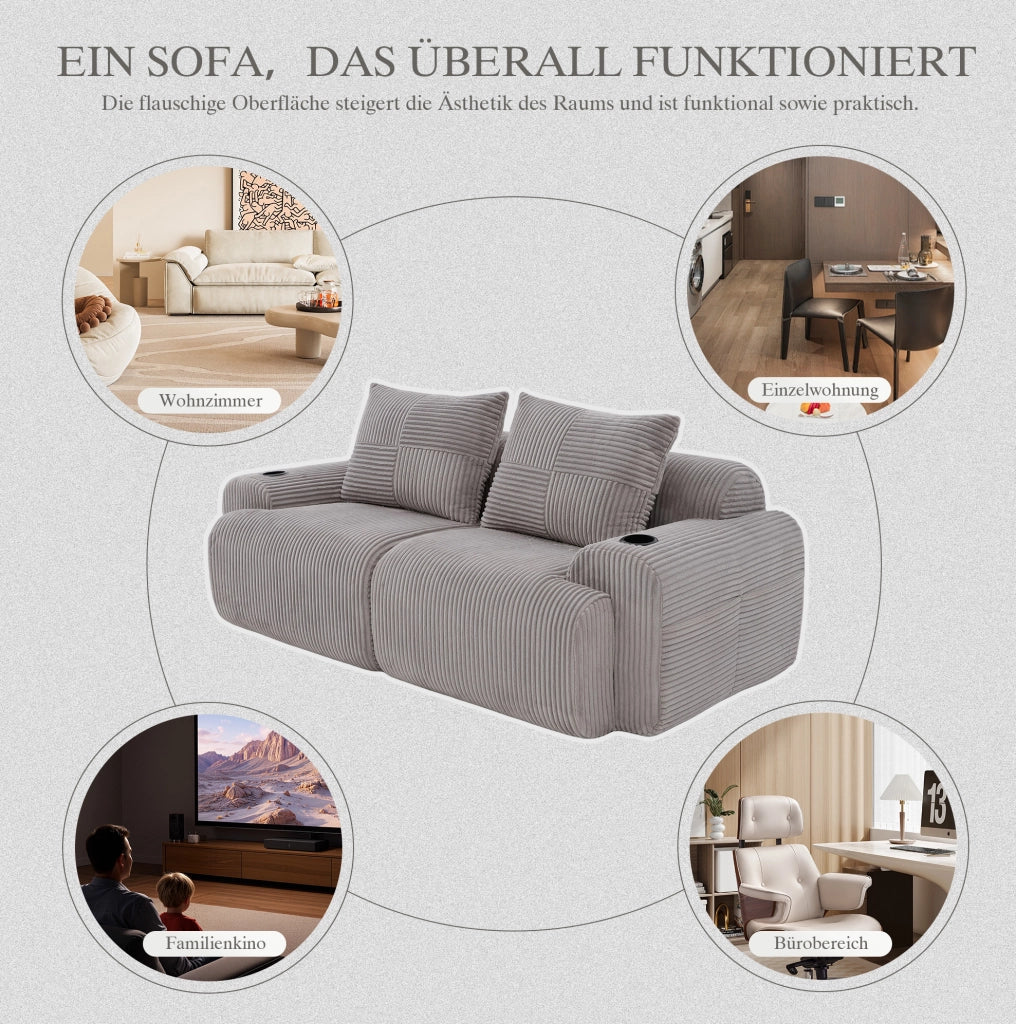 DIVANO Modulare 2 posti 200x99x80 cm in corduroy grigio chiaro con portalbicchiere