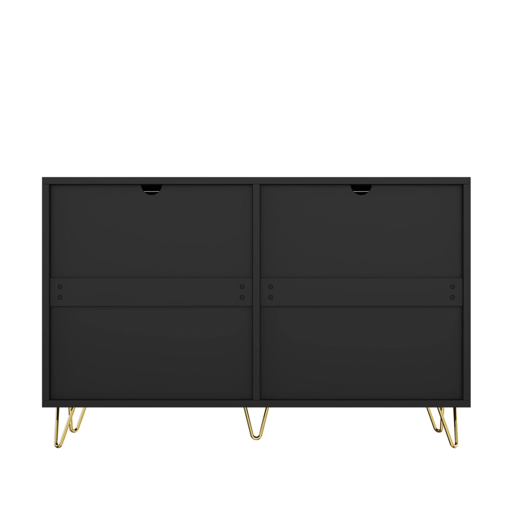 Credenza moderna minimalista con 6 cassetti in truciolare nero e oro, superficie ondulata, 120 × 40 × 77 cm