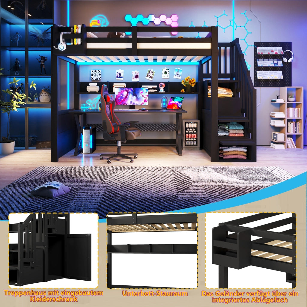 Letto a soppalco 90x200 cm con armadio; scala contenitore; 4 vani e illuminazione LED; pino e MDF; nero