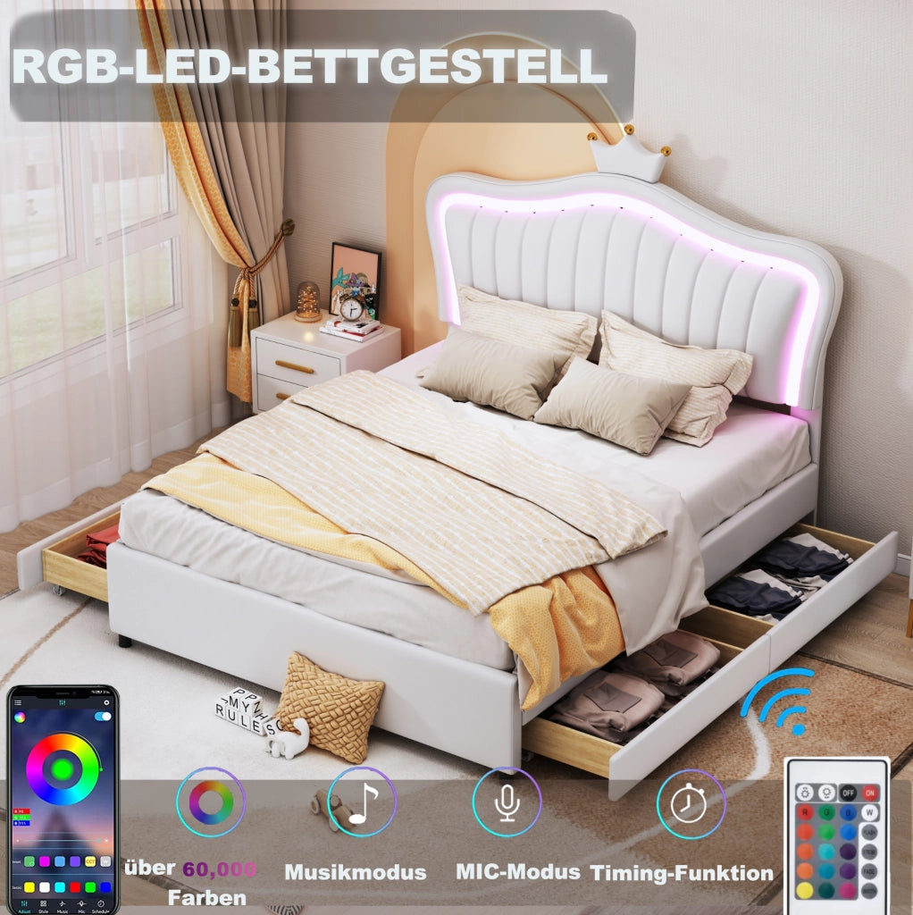 Letto per bambini imbottito 140x200 cm con contenitore; LED e testiera a conchiglia; bianco