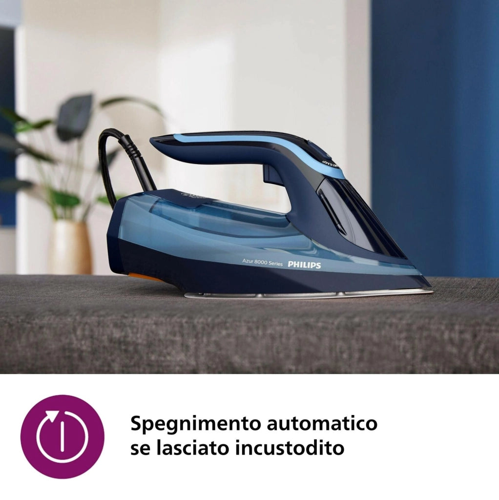 Philips DST8020-20 Azur Serie 8000 Ferro a vapore 3000 W 55 g-min Colpo Vapore 240 g-min Piastra SteamGlide Elite OptimalTEMP colore Blu