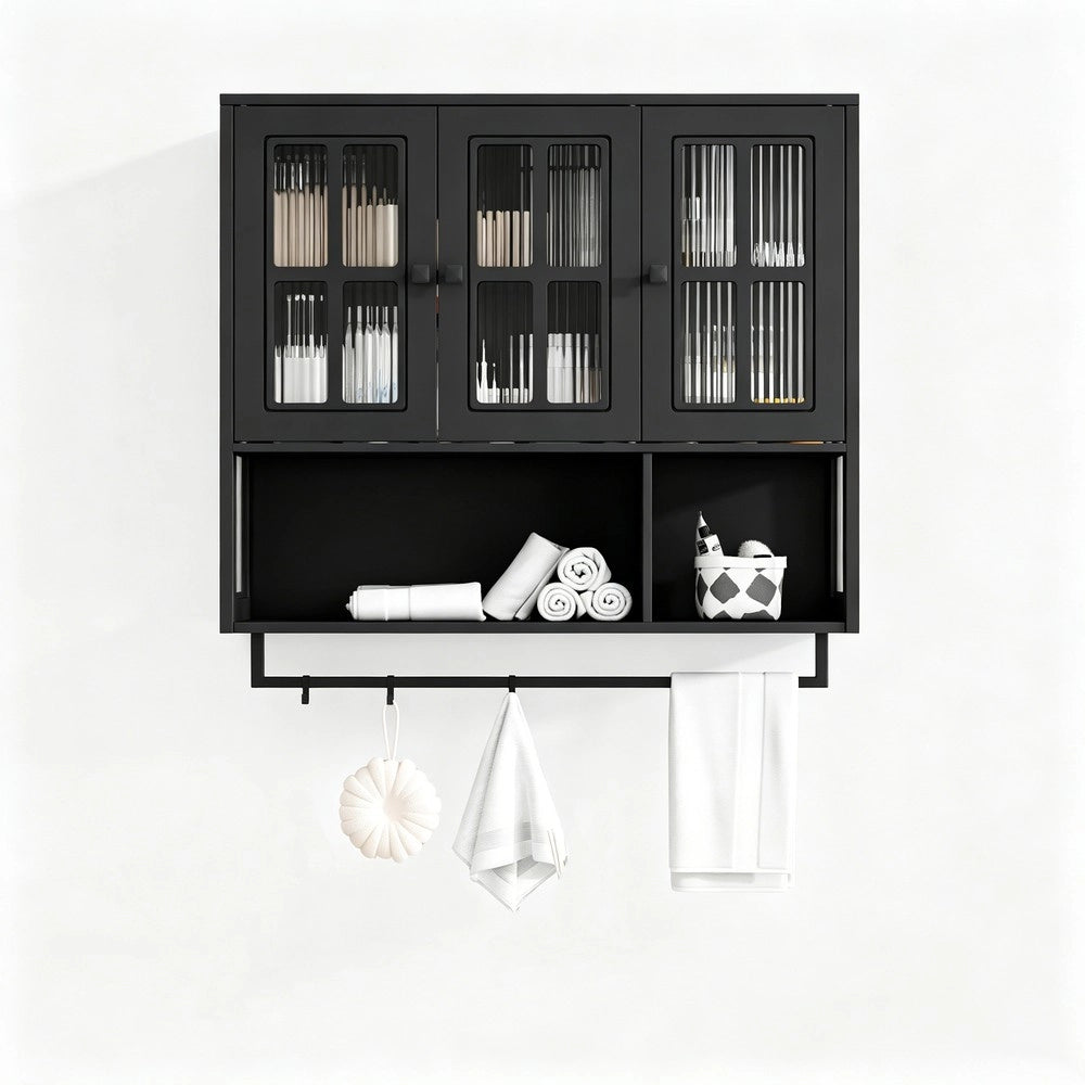Armadietto da Bagno a Parete ¨C MINIMAL ¨C Nero, 3 Ante, Legno, con Specchio e Porta Salviette