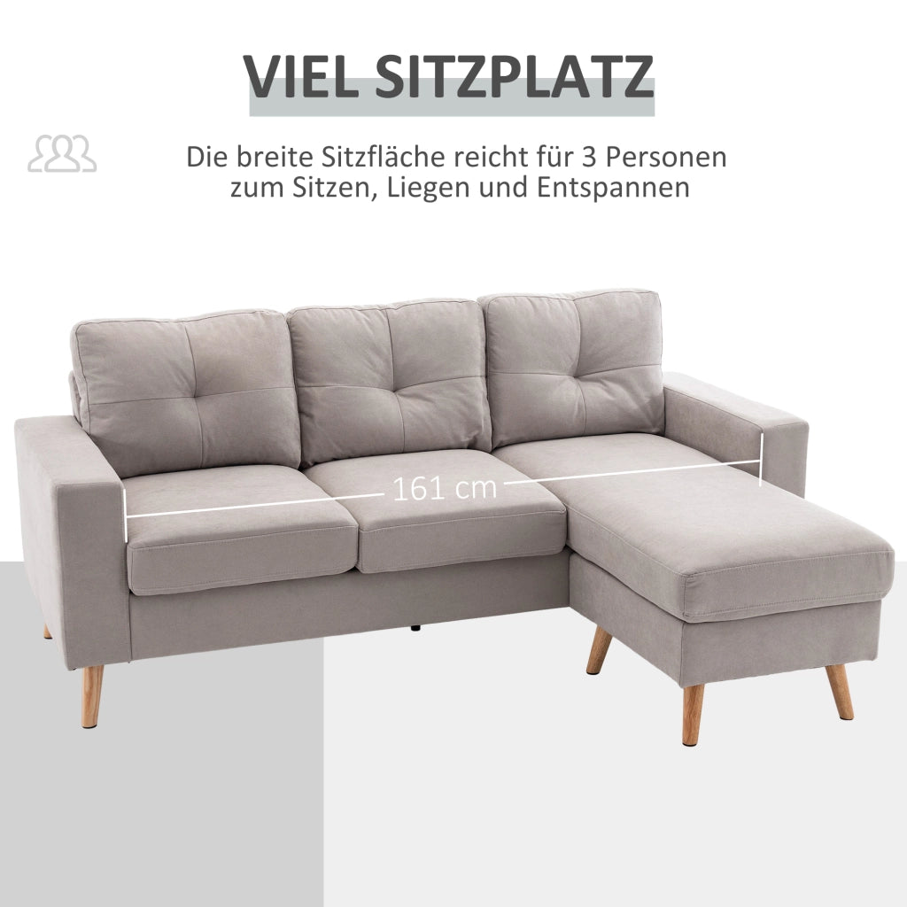 Divano angolare reversibile in tessuto con chaise longue, cuscini sfoderabili e struttura in legno, grigio chiaro