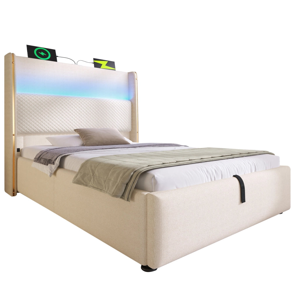 Letto matrimoniale singolo 90x200 cm con testiera alta; LED; USB Type-C; contenitore e materasso beige