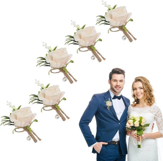 Boutonniere da Sposo con Fiori Manuali Bianchi - Set di 5 - Accessori di Festa di Matrimonio - per Uomo Sposo e Sposa - Completo da Abito da Sposa e Tavola Rotonda.