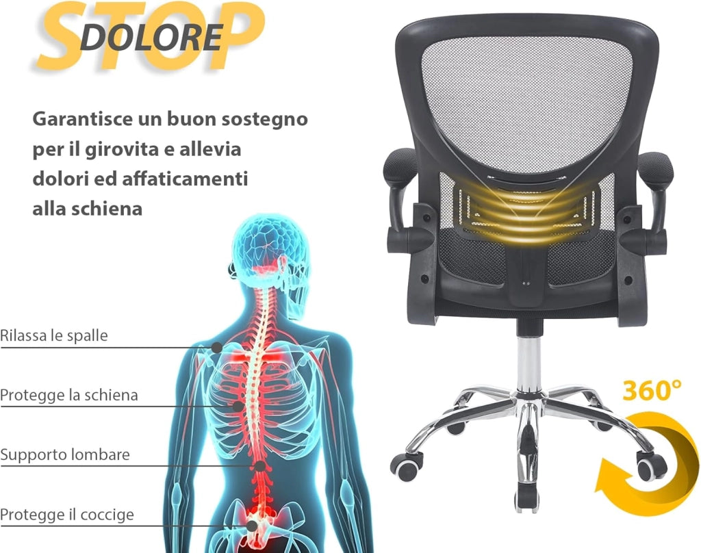 Sedia Da Ufficio Con Supporto Lombare, Poltrona Scrivania Ergonomica Braccioli Regolabili Altezza Regolabile Schienale in Rete Traspirante,Oscillante con Ruote Girevoli Senza Poggiatesta