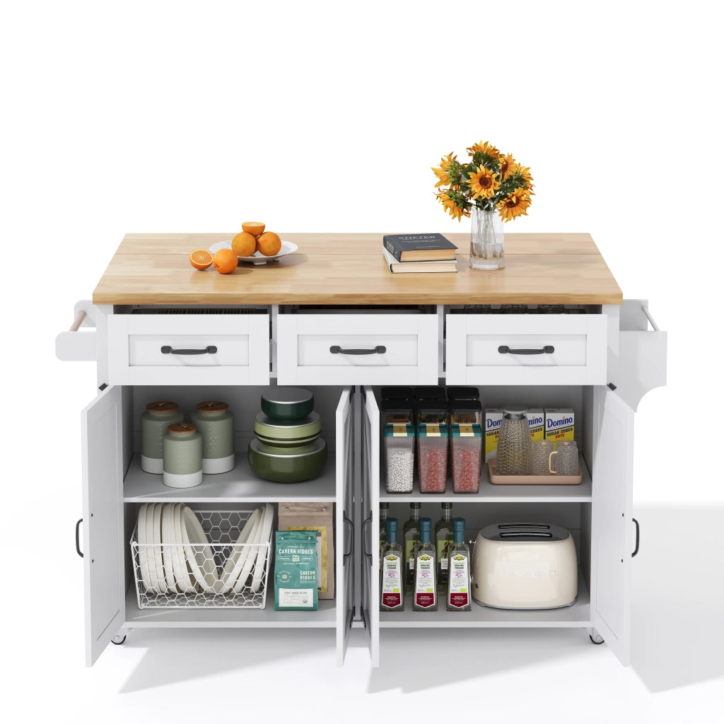 Isola da Cucina Mobile 140x43/70x90;5 cm Bianca con Piano Ribaltabile; 4 Ante; 3 Cassetti e 5 Ruote