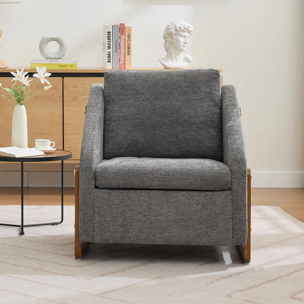 Poltrona Lounge con Braccioli e Cuscino ¨C MINIMAL ¨C Grigio, Tessuto Chenille, Gambe in Legno