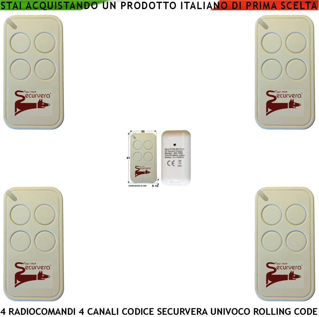 Comandoradio 4 Telecomandi 4 canali Frequenza di Trasmissione 433,92 MHz Potenza Trasmessa 1 mW Codifica di Sicurezza Univoca Securvera Led Segnalazione