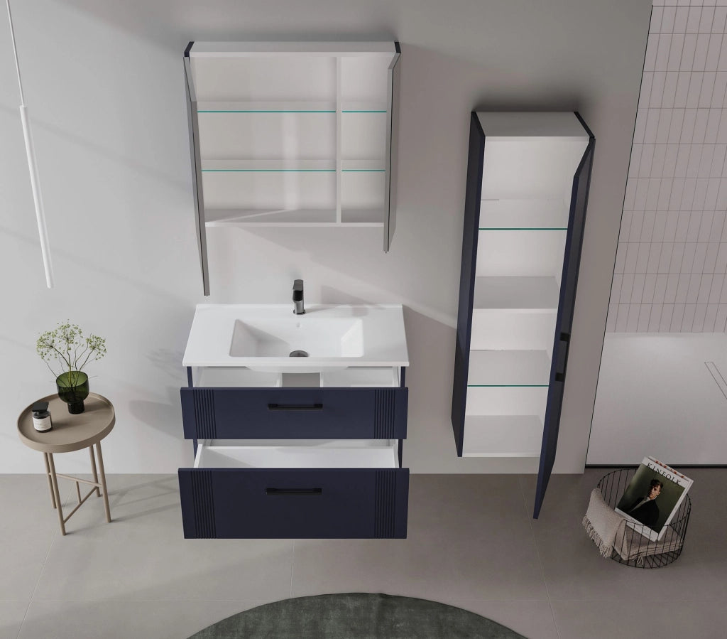 Set mobile lavabo con specchio (2 pezzi) "Bari 85 v2" - 85 x 45 x 55 cm - Blu navy opaco