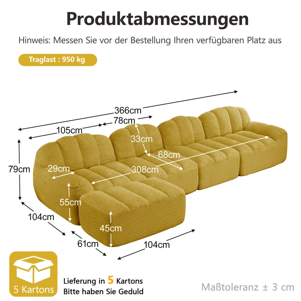 Divano modulare 4 posti con ottoman in fleece granulato giallo; design senza struttura