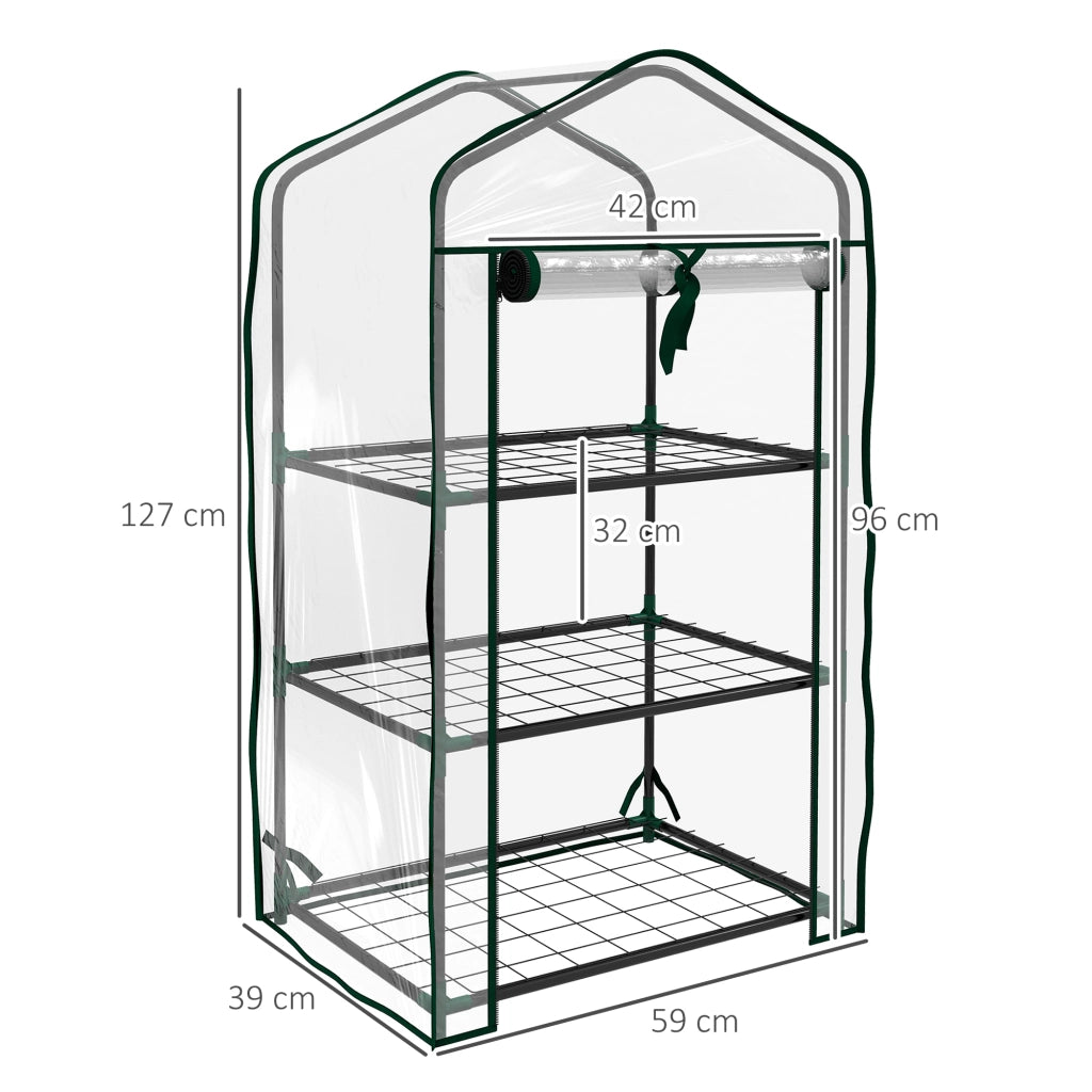 Mini Serra da Giardino 59x39x127 cm con Copertura 3 Ripiani e Porta Avvolgibile in PE Trasparente