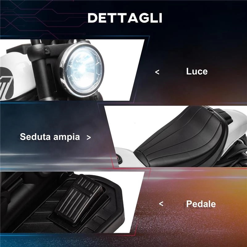 MOTO ELETTRICA PER BAMBINI 18-36 MESI CON ROTELLE E FANALE, 76X42X57 CM, BIANCO E NERO