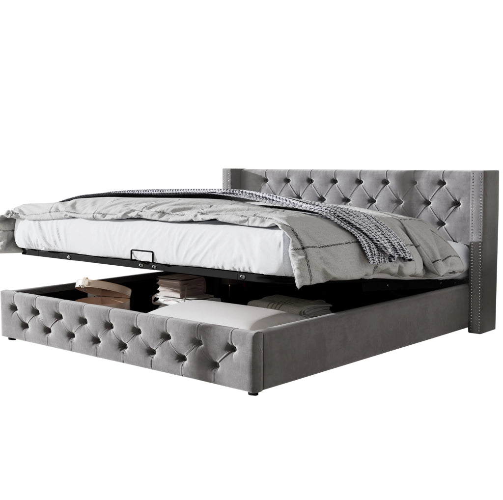Letto matrimoniale contenitore 160x200 cm in velluto grigio stile Chesterfield