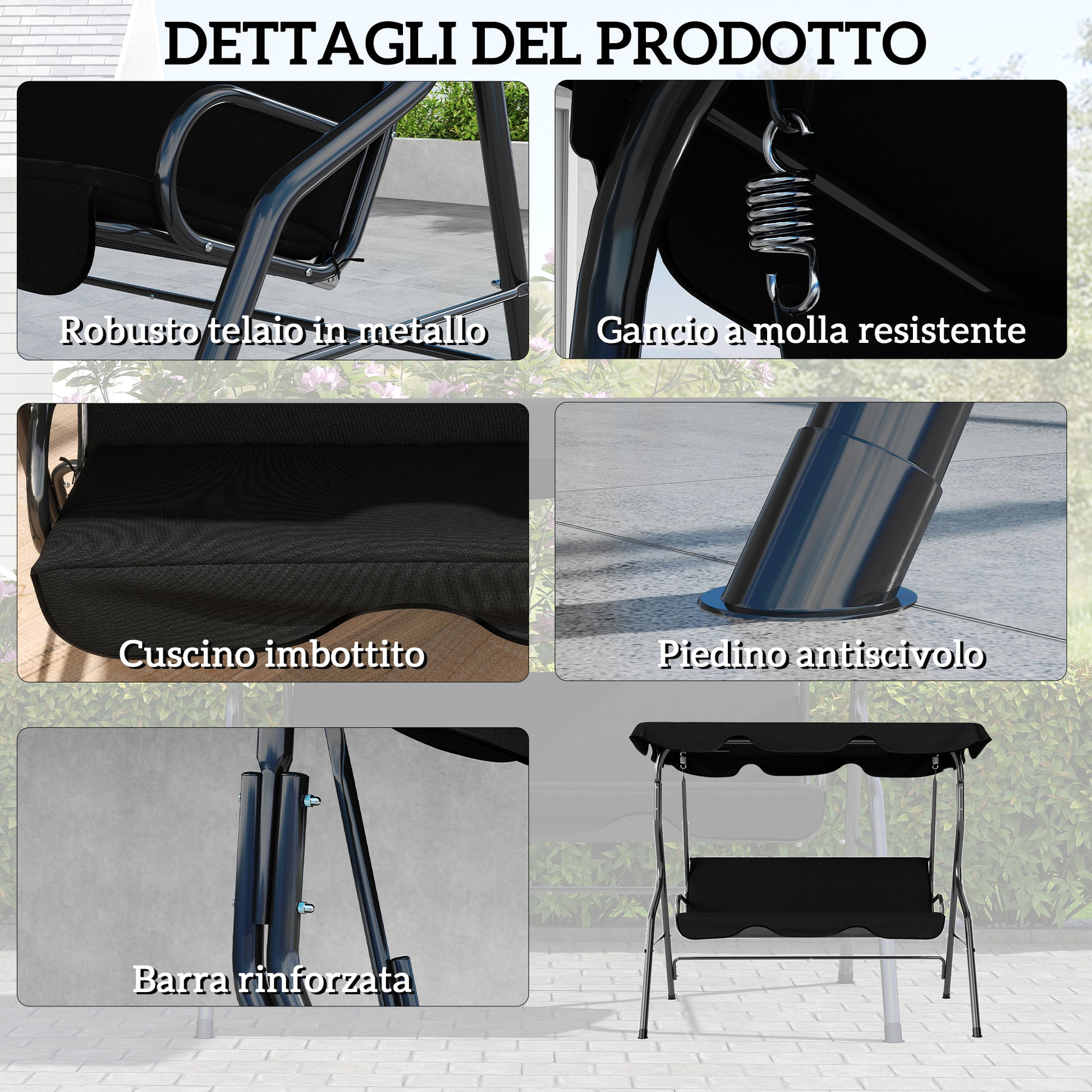 Dondolo 3 Posti 170x110x153 cm con Tettuccio Regolabile e Cuscini in Acciaio e Poliestere Nero