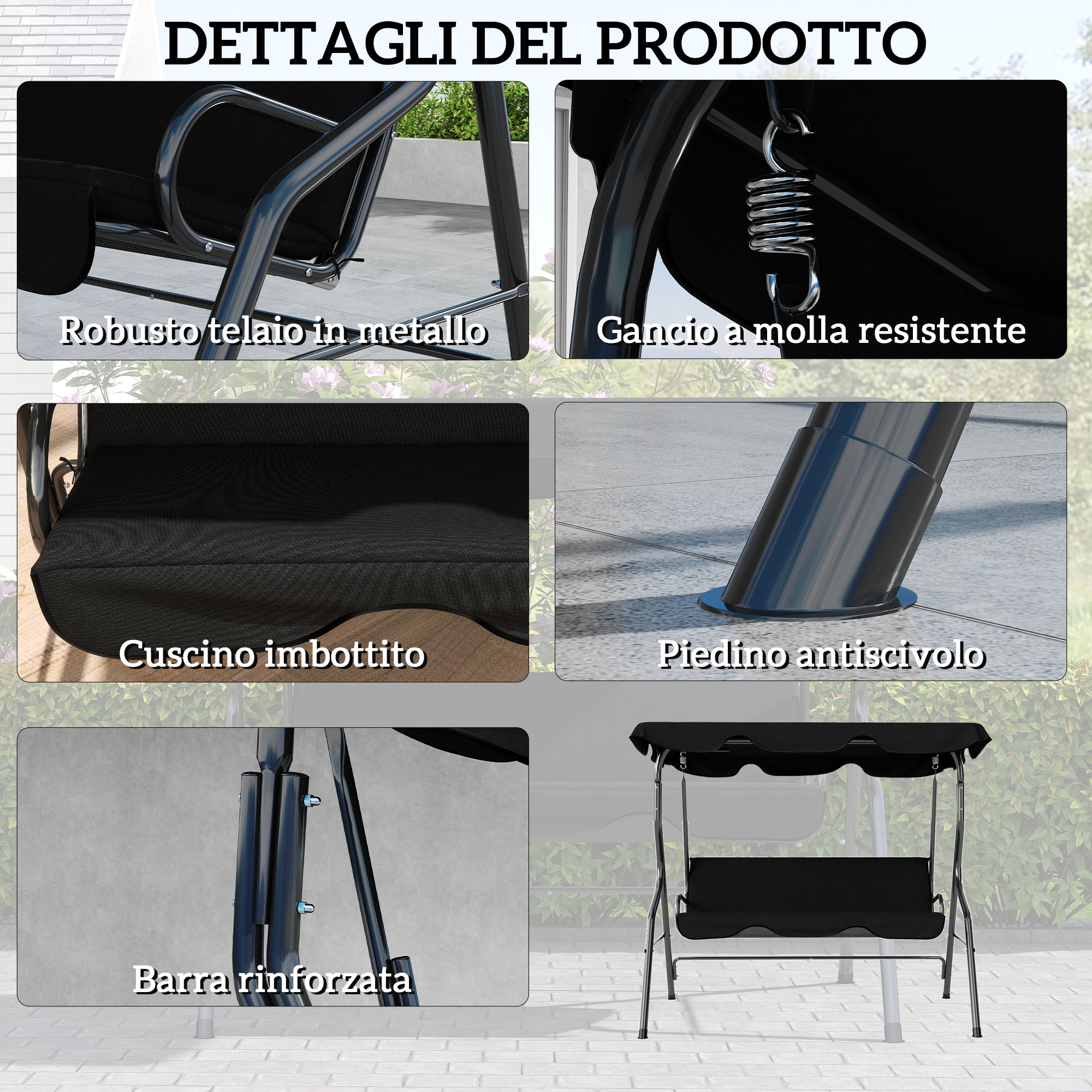 Dondolo 3 Posti 170x110x153 cm con Tettuccio Regolabile e Cuscini in Acciaio e Poliestere Nero