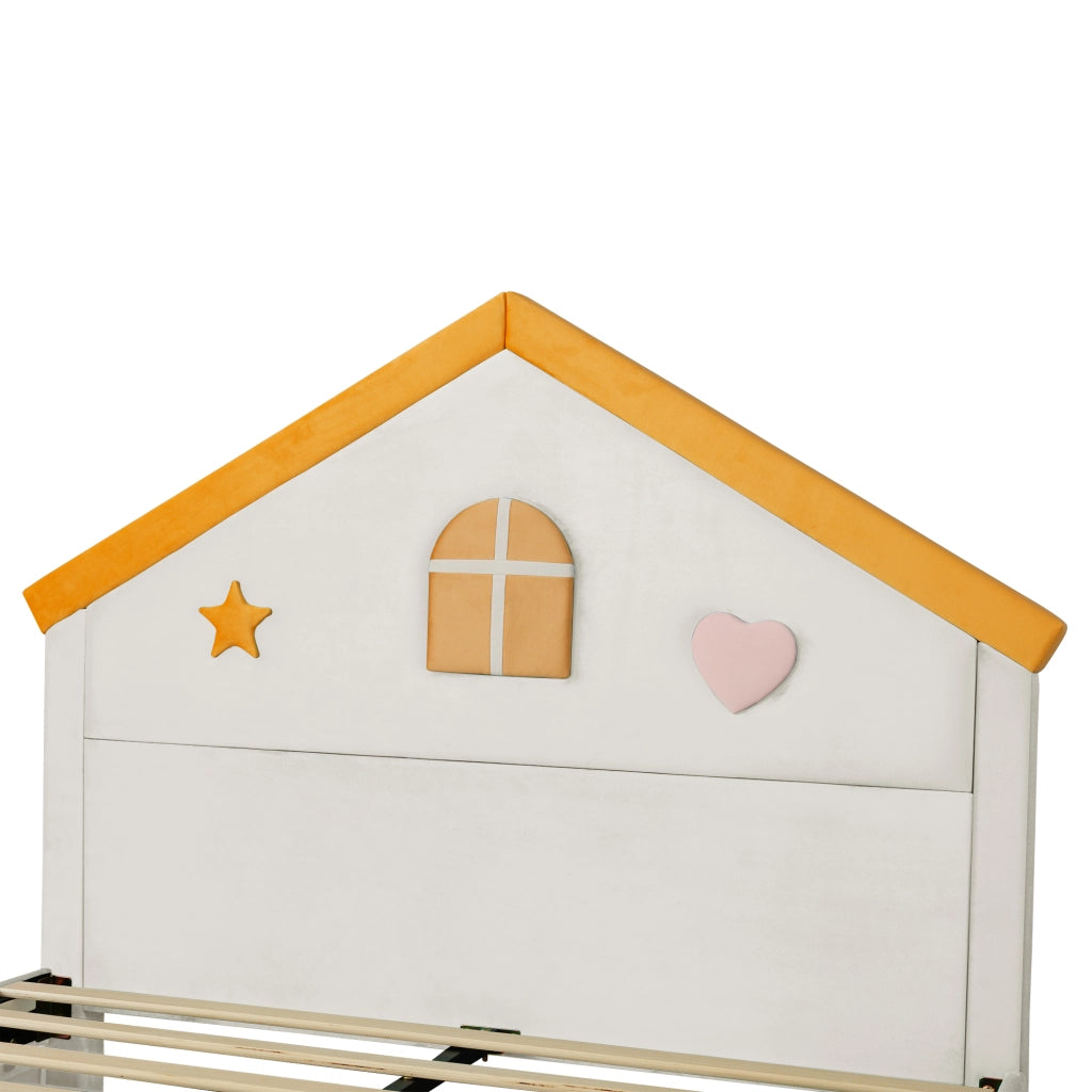 Letto per bambini 140 × 200 cm con testiera a casetta e 4 cassetti, senza materasso, in velluto beige