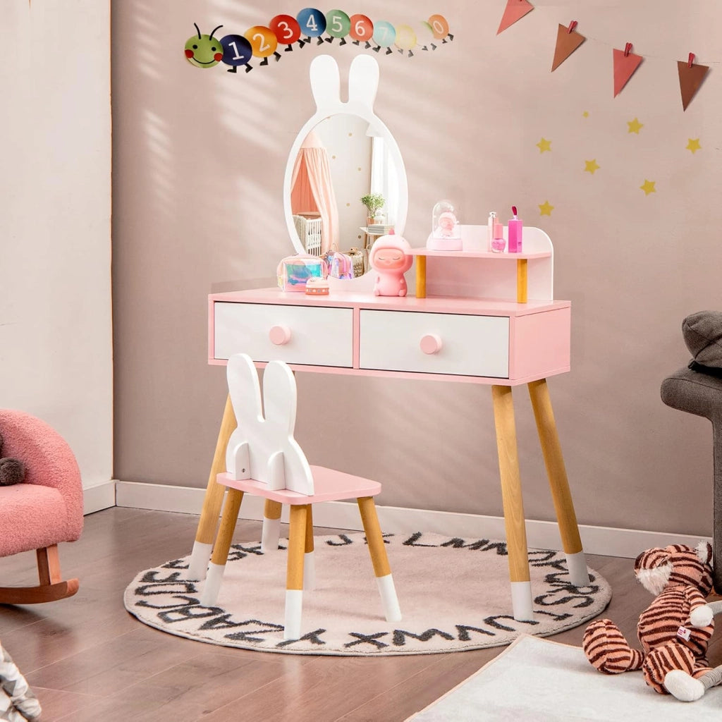Toeletta Trucco 2 in 1 per Bambina, Specchiera a Forma di Coniglio Staccabile per Ragazza in Legno con Sgabello, Ripiano e 2 Cassetti, Postazione Trucco, 78 x 37 x 110cm (Bianco)