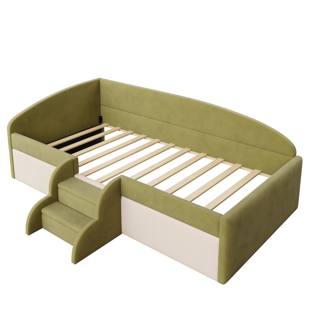 Letto per bambini 90 × 190 cm con sponde di sicurezza e gradini antiscivolo, senza materasso, in velluto, verde