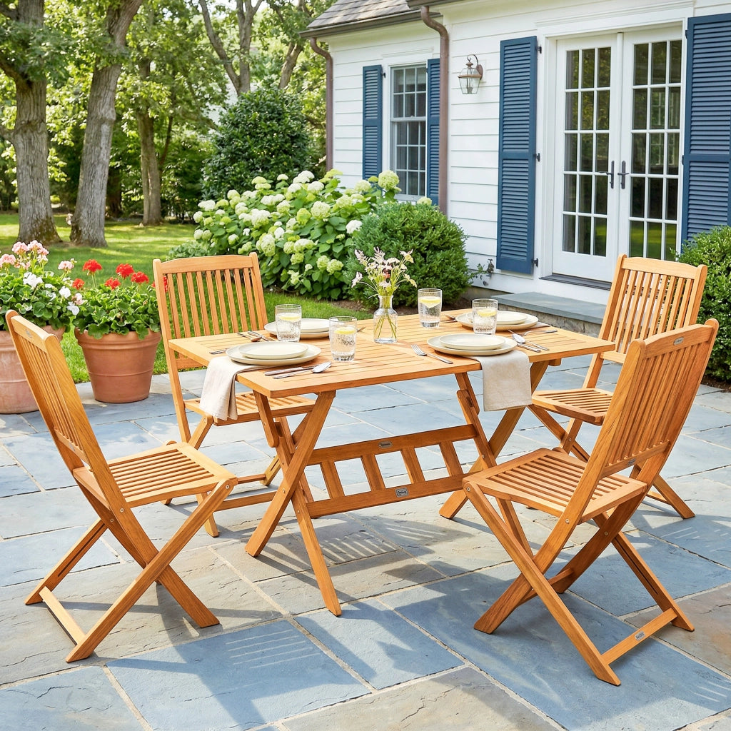 Set di mobili da giardino gruppo di seduti in legno di acacia tavolo pieghevole a 5 pezzi con 4 sedie pieghevoli e design a listella