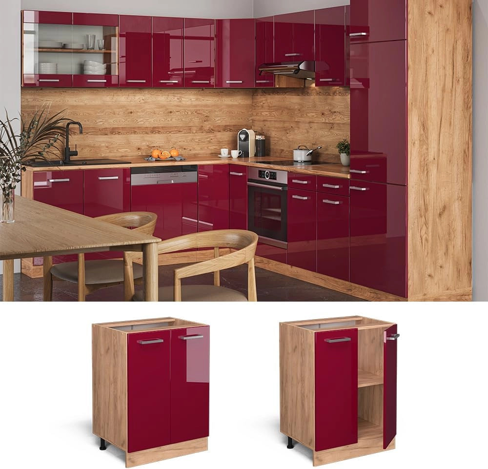 Mobiletto base cucina R-Line, Rosso lucido, 60 cm senza piano di lavoro, per la libera combinazione all'interno di sistemi cucina modulari