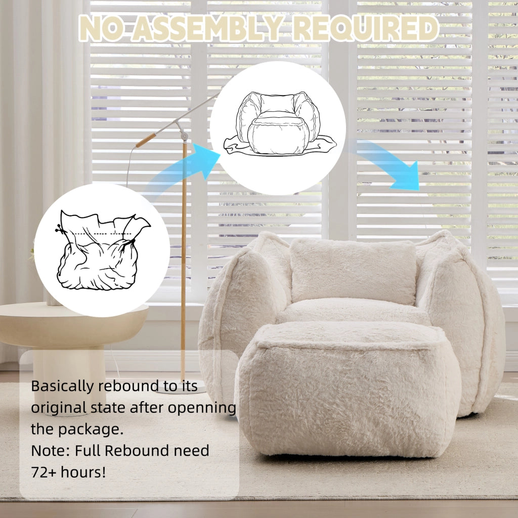 Poltrona Sacco Gigante con Pouf e Cuscino ¨C Xylo ¨C Tessuto Pelliccia Sintetica Beige