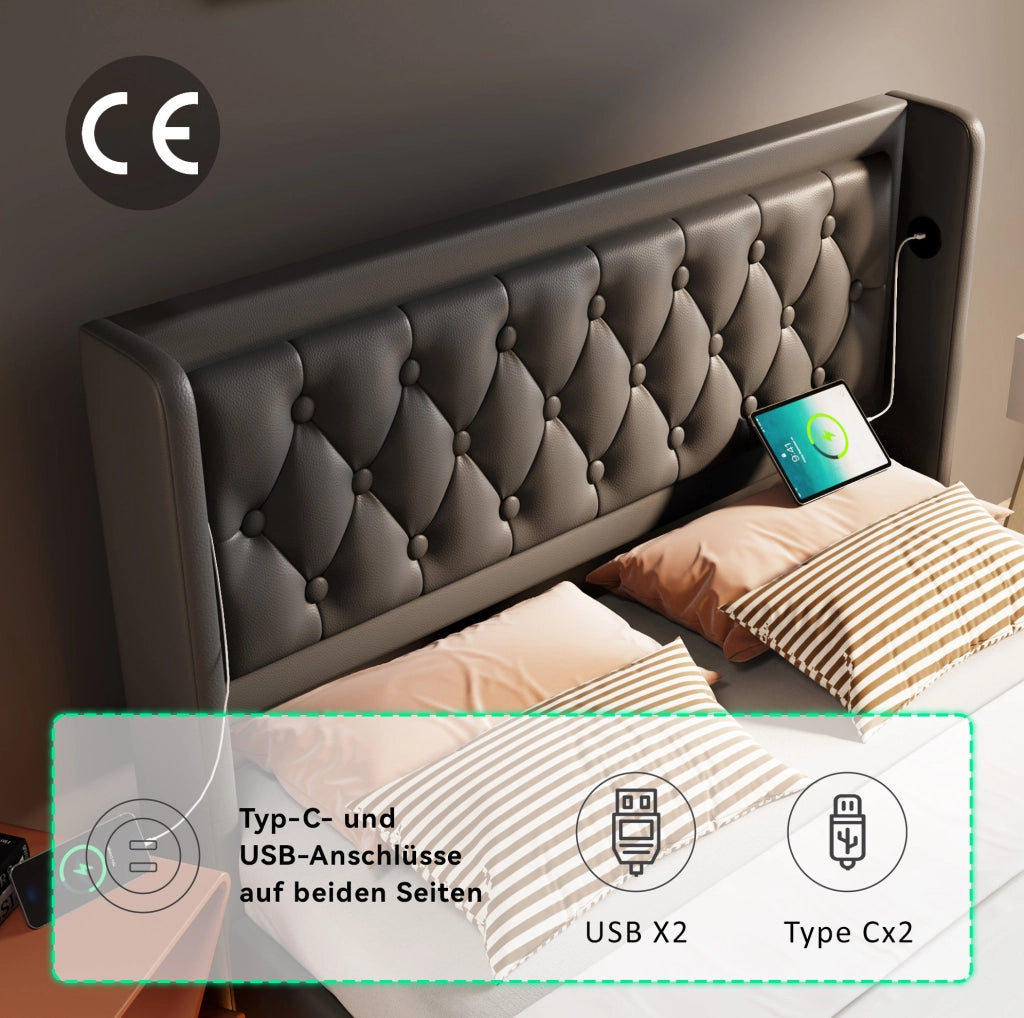 Letto matrimoniale 160x200 cm in PU nero con contenitore; LED a 3 lati e USB Type-C