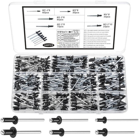 Set di viti a espansione in alluminio, 340 pezzi, set di viti a espansione, assortimento di viti a espansione, set di viti a espansione in alluminio per metallo, legno, plastica (nero, M2.4 M3 M3.2 M4)