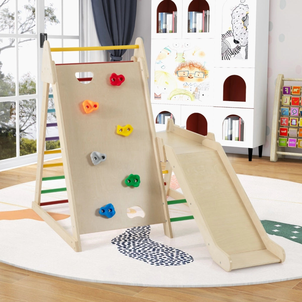 Palestra jungle 3 in 1 parco giochi interno per bambini con scivolo esteso, Palestra scaletta in legno e struttura da gioco