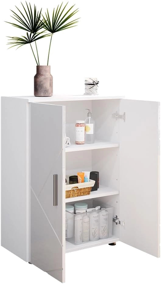 Set di mobili da bagno Irma, Bianco lucido, 2 parti, con unità midi, composto da mobile sottolavabo e armadio medio