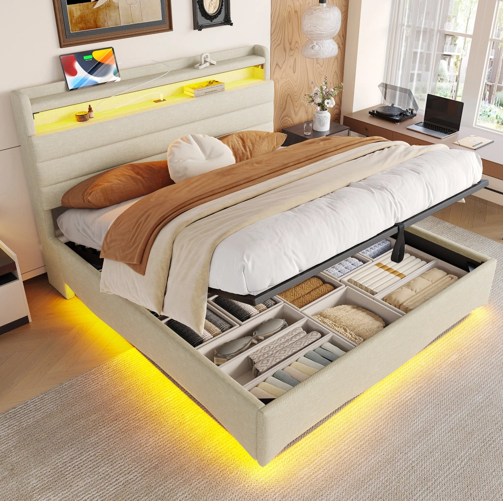 Letto imbottito 140x200 cm con contenitore idraulico; LED; USB e Type-C; in lino beige