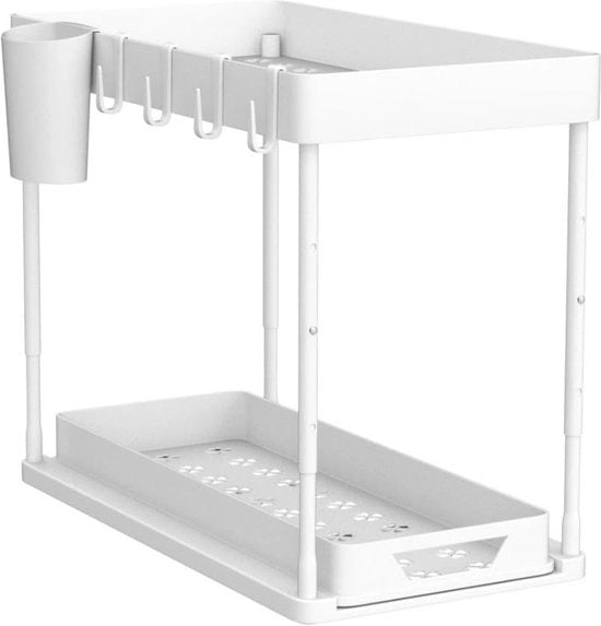 Organizzatore di Caricamento Funzionale Sotto il Lavandino - 2 Livelli - 4 Ganci e Vaschette (Bianco)